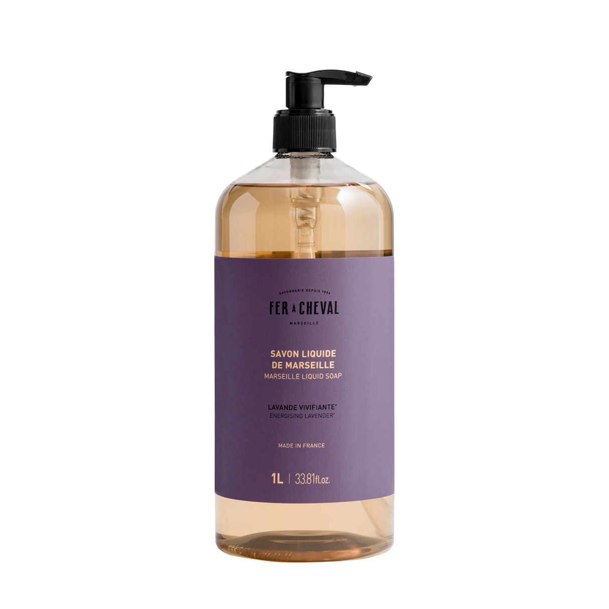 Bottle of Marseille liquid soap with a purple label on a white background