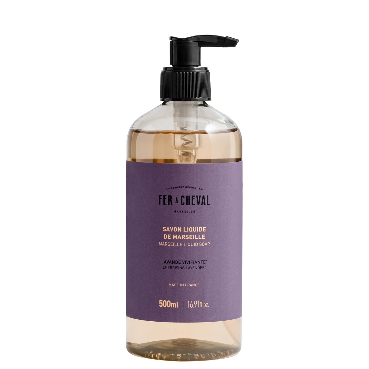 Bottle of Fé ç Cheval liquid soap with a pump on a white background