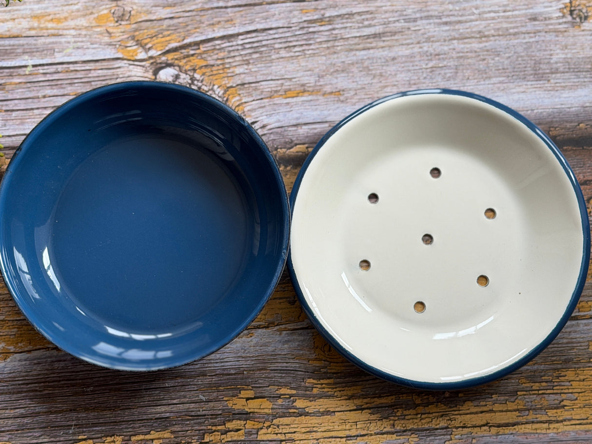 Blue & White 2 Part Round Enamel Soap Dish