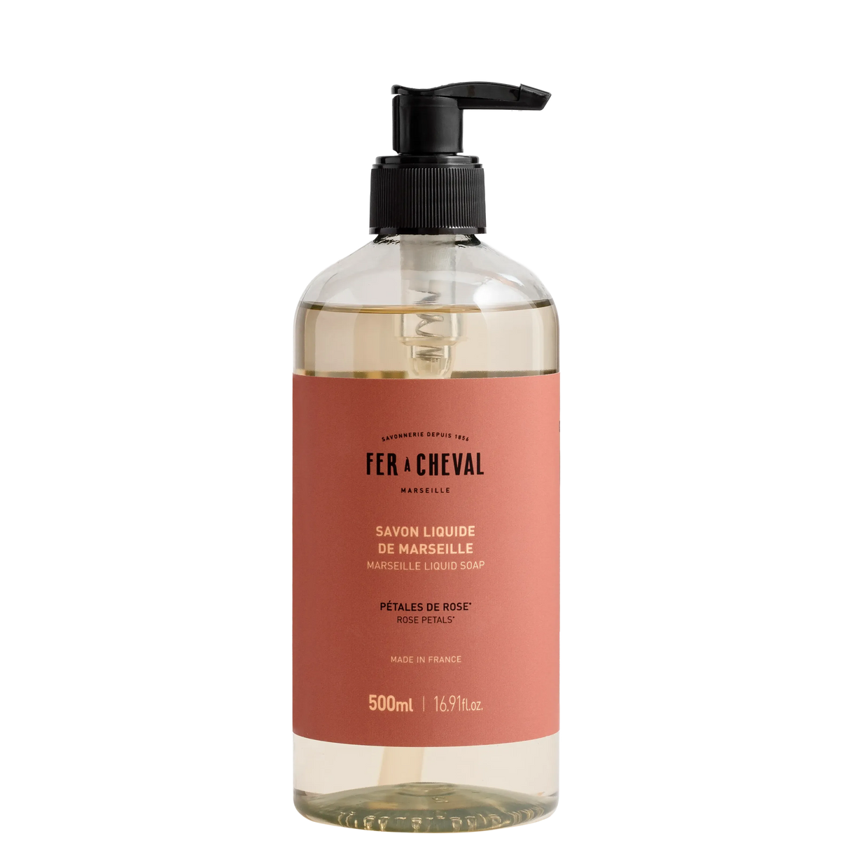 Bottle of Fx Cheval liquid soap with a pump on a white background