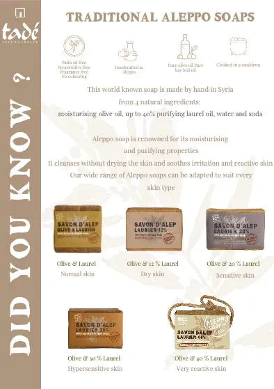 TADÉ PAYS DU LEVANT Aleppo Soap with 20% Laurel Oil , on a Rope | for Sensitive Skin | 170g French Soaps UK