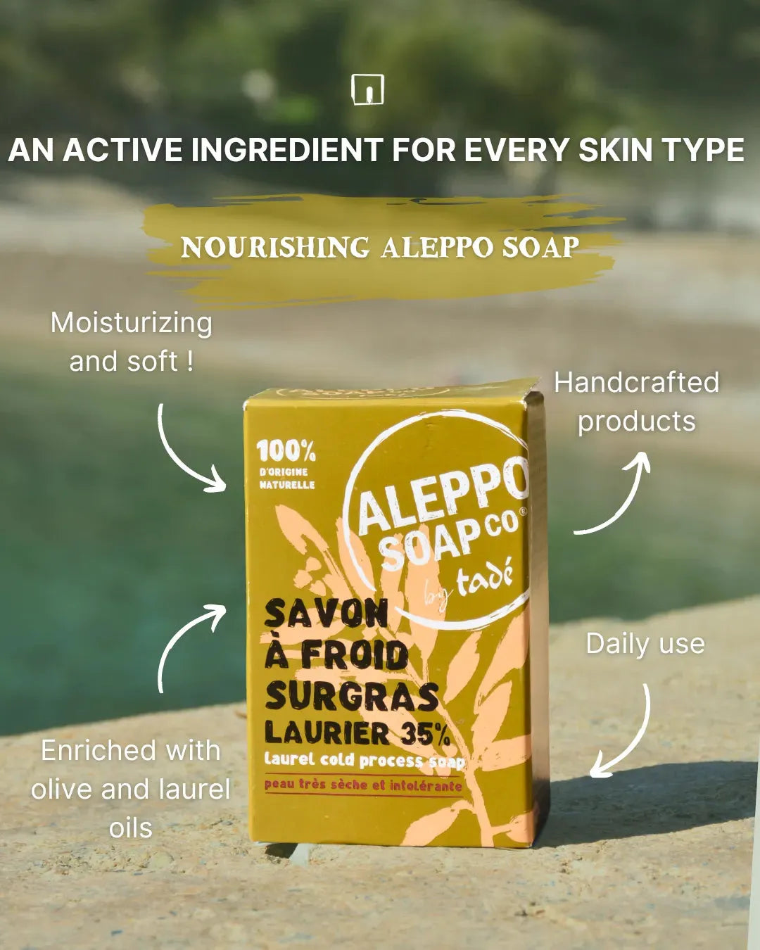 TADÉ PAYS DU LEVANT Aleppo Soap with 35% Laurel Oil, for Very Dry and Intolerant Skin | 150g French Soaps UK