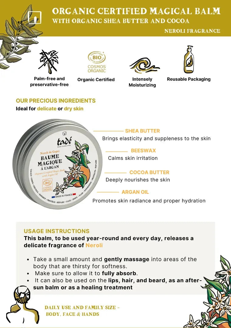 TADÉ PAYS DU LEVANT "Magic' Balm with Atlas Argan Oil, Shea Butter and Cocao | Neroli | 50ml French Soaps UK