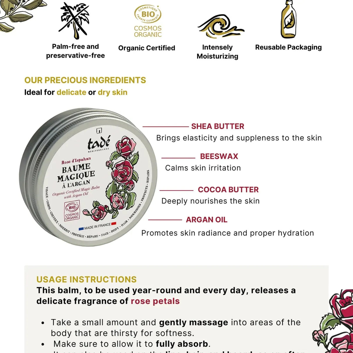 TADÉ PAYS DU LEVANT "Magic' Balm with Atlas Argan Oil, Shea Butter and Cocao | Rose | 50ml French Soaps UK