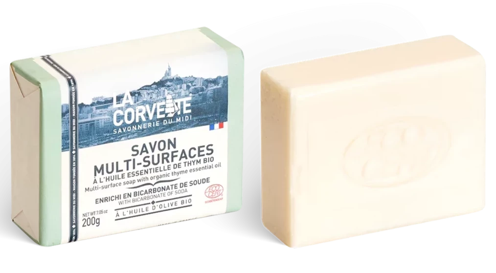 LA CORVETTE Multi-Surface Soap Bar, Organic Olive, & Coconut Oil, Baking Soda & Organic Thyme | 200g French Soaps UK