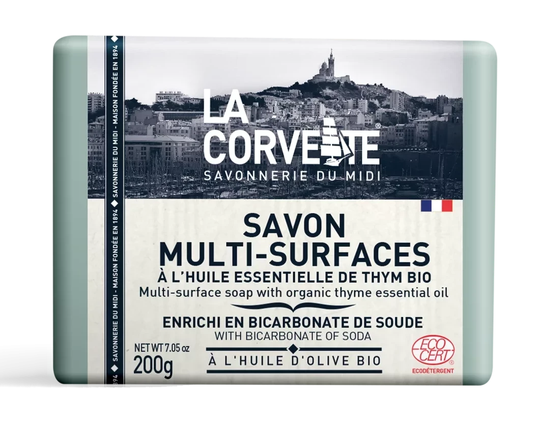 LA CORVETTE Multi-Surface Soap Bar, Organic Olive, & Coconut Oil, Baking Soda & Organic Thyme | 200g French Soaps UK