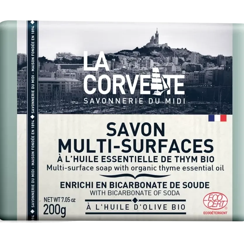 LA CORVETTE Multi-Surface Soap Bar, Organic Olive, & Coconut Oil, Baking Soda & Organic Thyme | 200g French Soaps UK