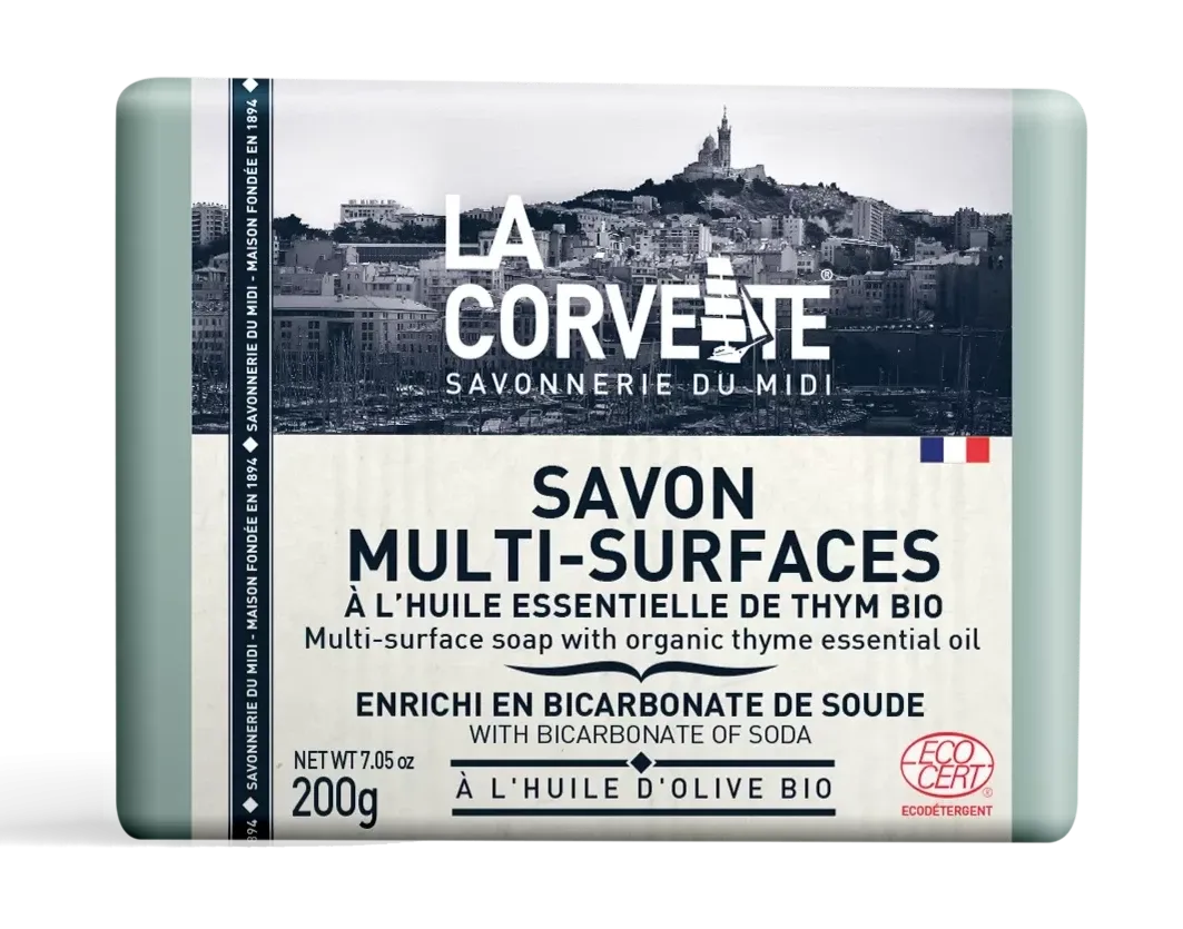 LA CORVETTE Multi-Surface Soap Bar, Organic Olive, & Coconut Oil, Baking Soda & Organic Thyme | 200g French Soaps UK