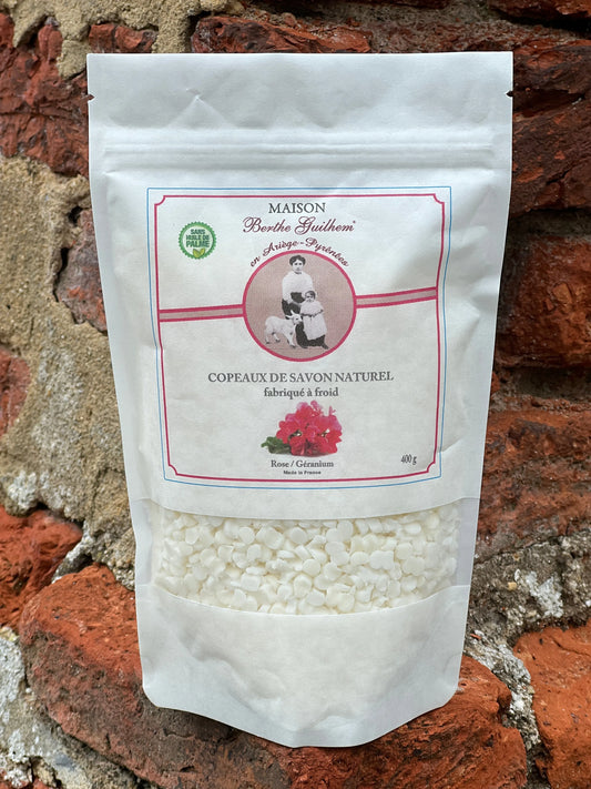 MAISON BERTHE GUILHEM Pyrenean Soap Flakes for Laundry | Rose Geranium Essential Oil  | 400g French Soaps UK