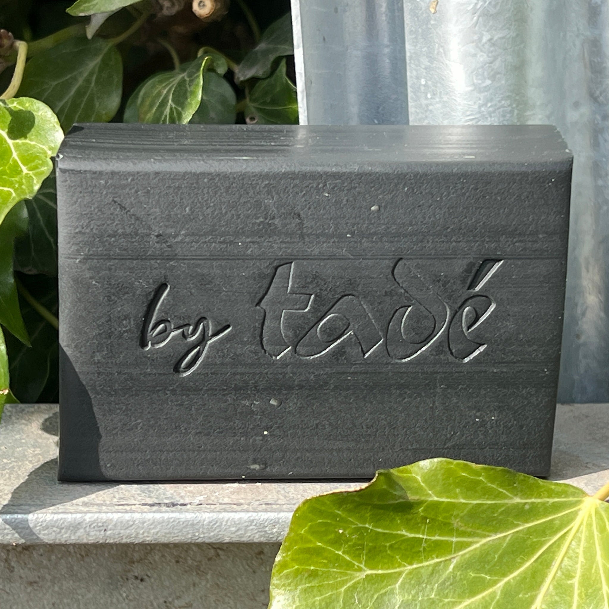 Charcoal Aleppo Soap Bar with green leaves and a factory background