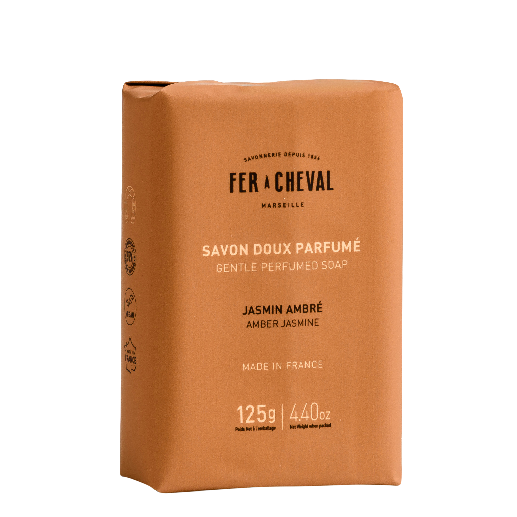 Brown soap packaging with 'Fer a Cheval' branding on a white background.