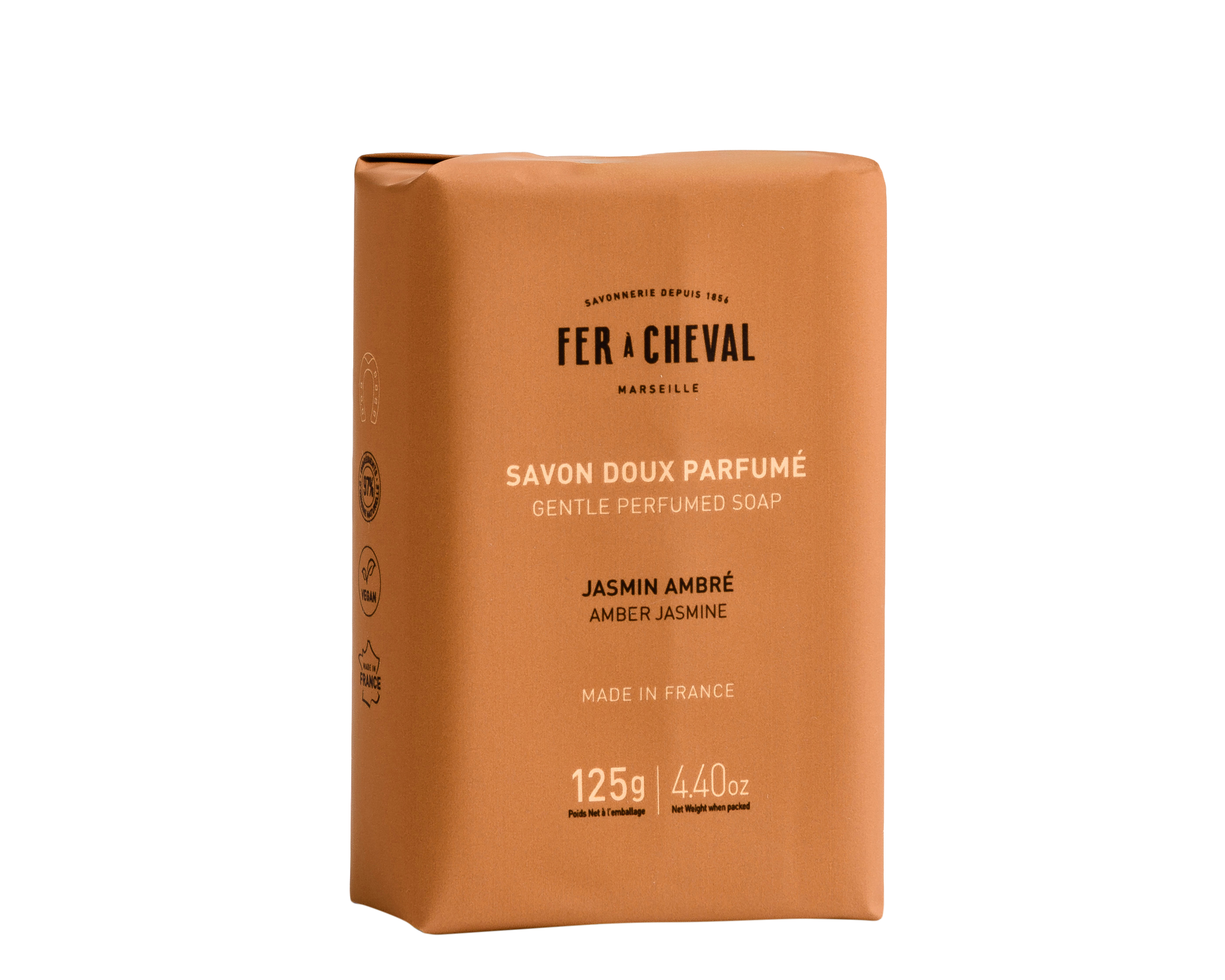 Brown soap packaging with 'Fer a Cheval' branding on a white background.