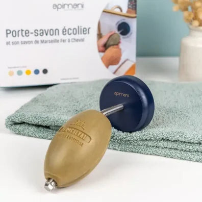 Soap holder with soap on a towel, branded 'epimemi'.