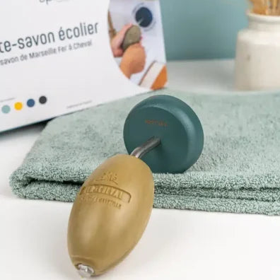 Emerald green Soap Holder with olive soap on an eau di nil colour towel