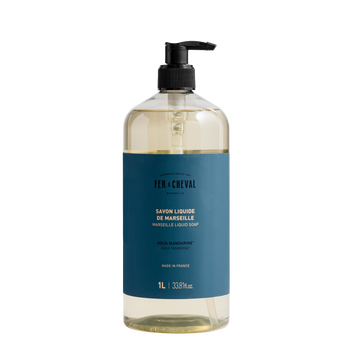 Bottle of Marseille Liquid Soap with a blue label on a white background