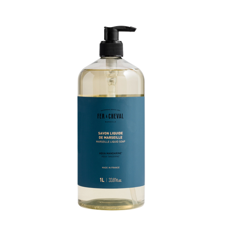Bottle of Marseille Liquid Soap with a blue label on a white background