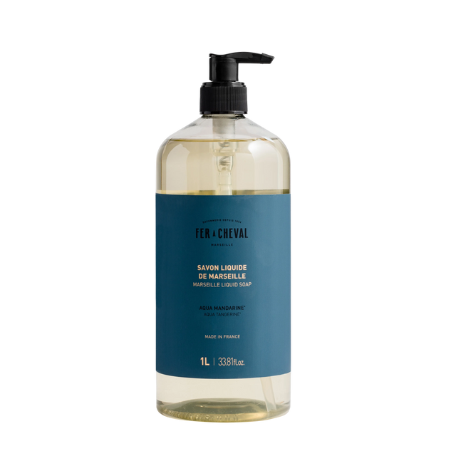 Bottle of Marseille Liquid Soap with a blue label on a white background