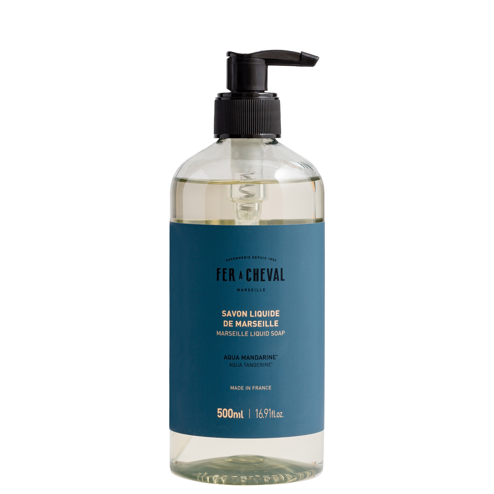 Clear bottle with blue label on a white background