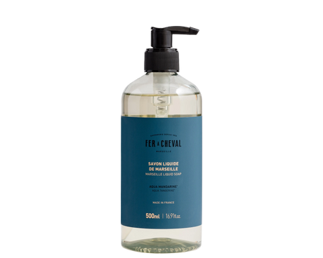 Clear bottle with blue label on a white background