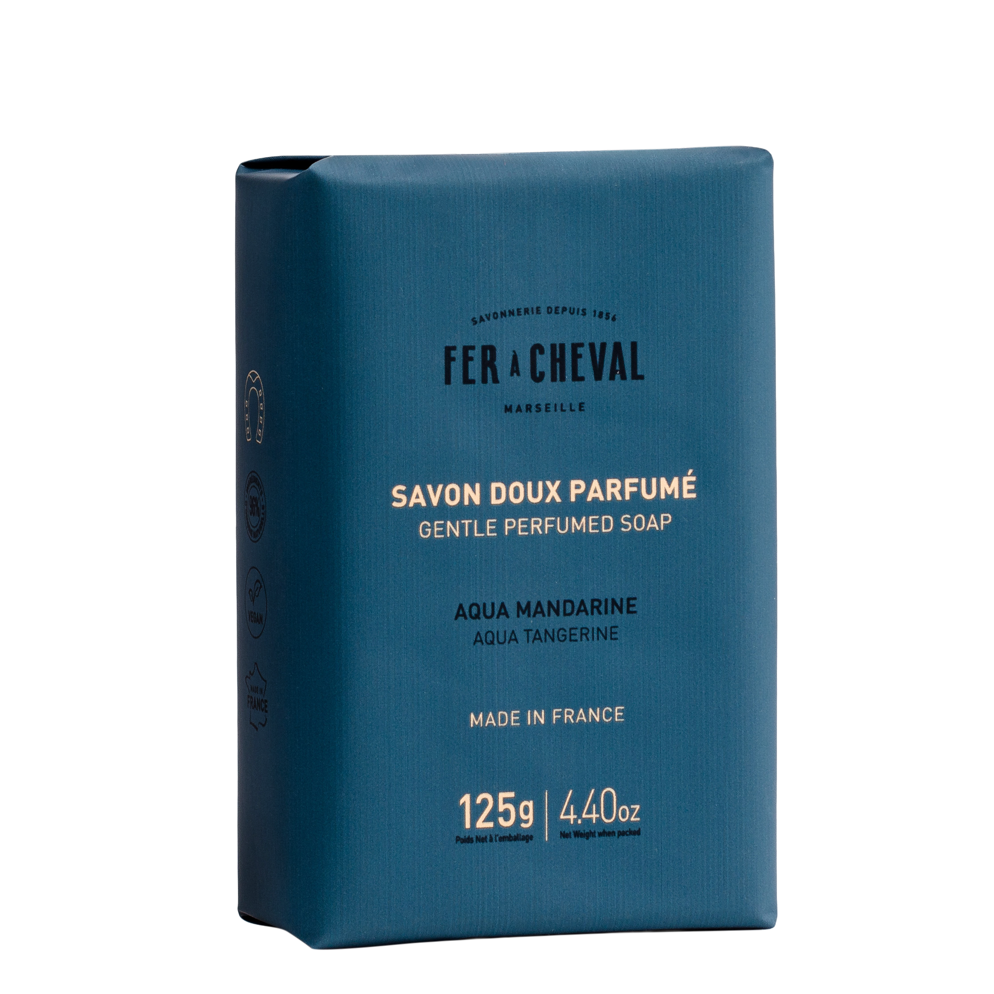 Blue soap packaging with white text on a white background