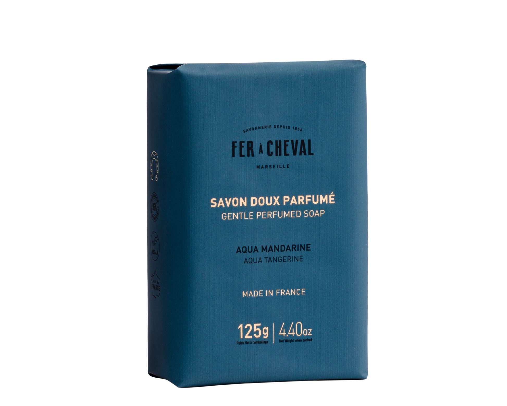 Blue soap packaging with white text on a white background