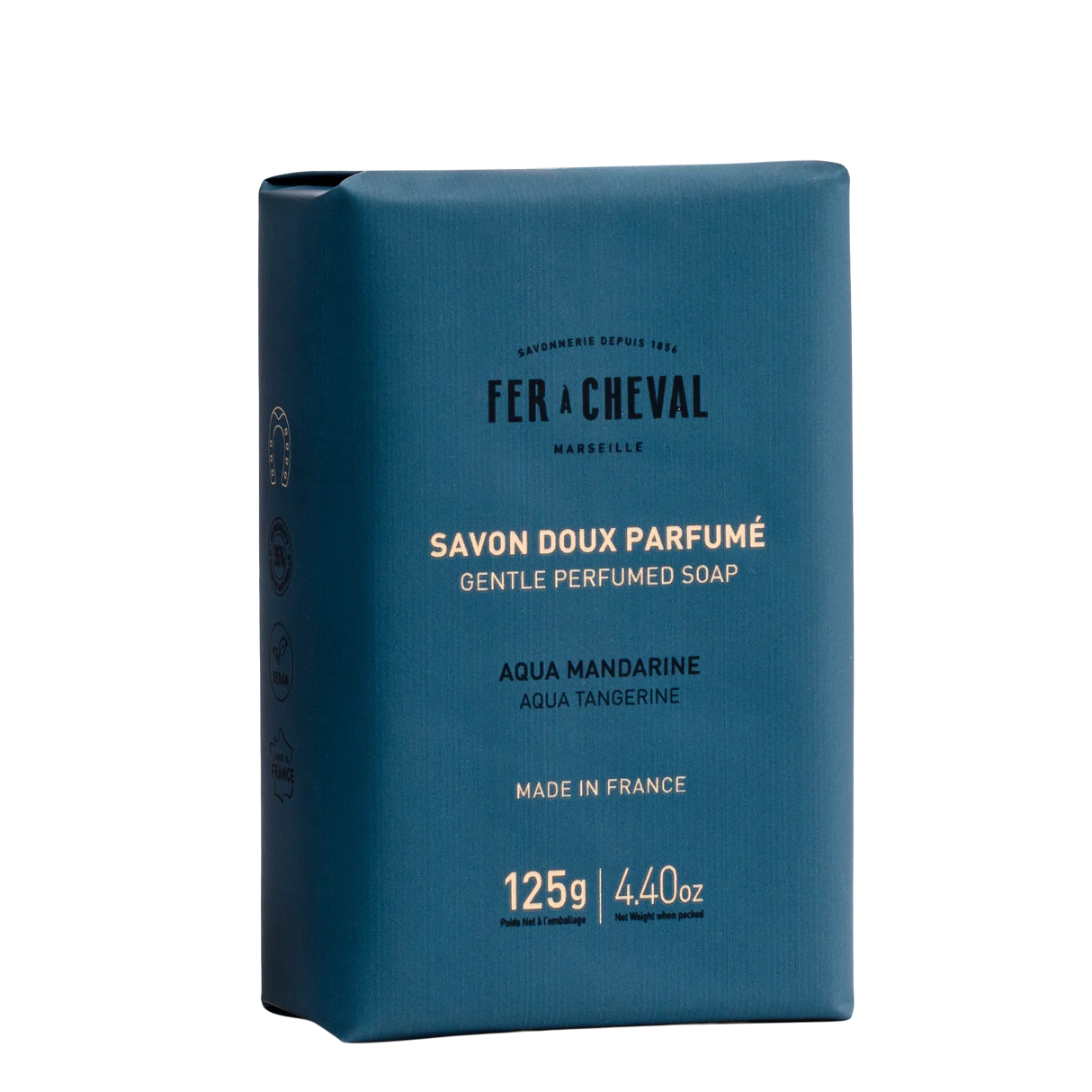 Blue soap packaging with white text on a white background