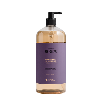 Bottle of Marseille liquid soap with a purple label on a white background