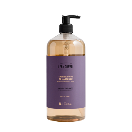 Bottle of Marseille liquid soap with a purple label on a white background