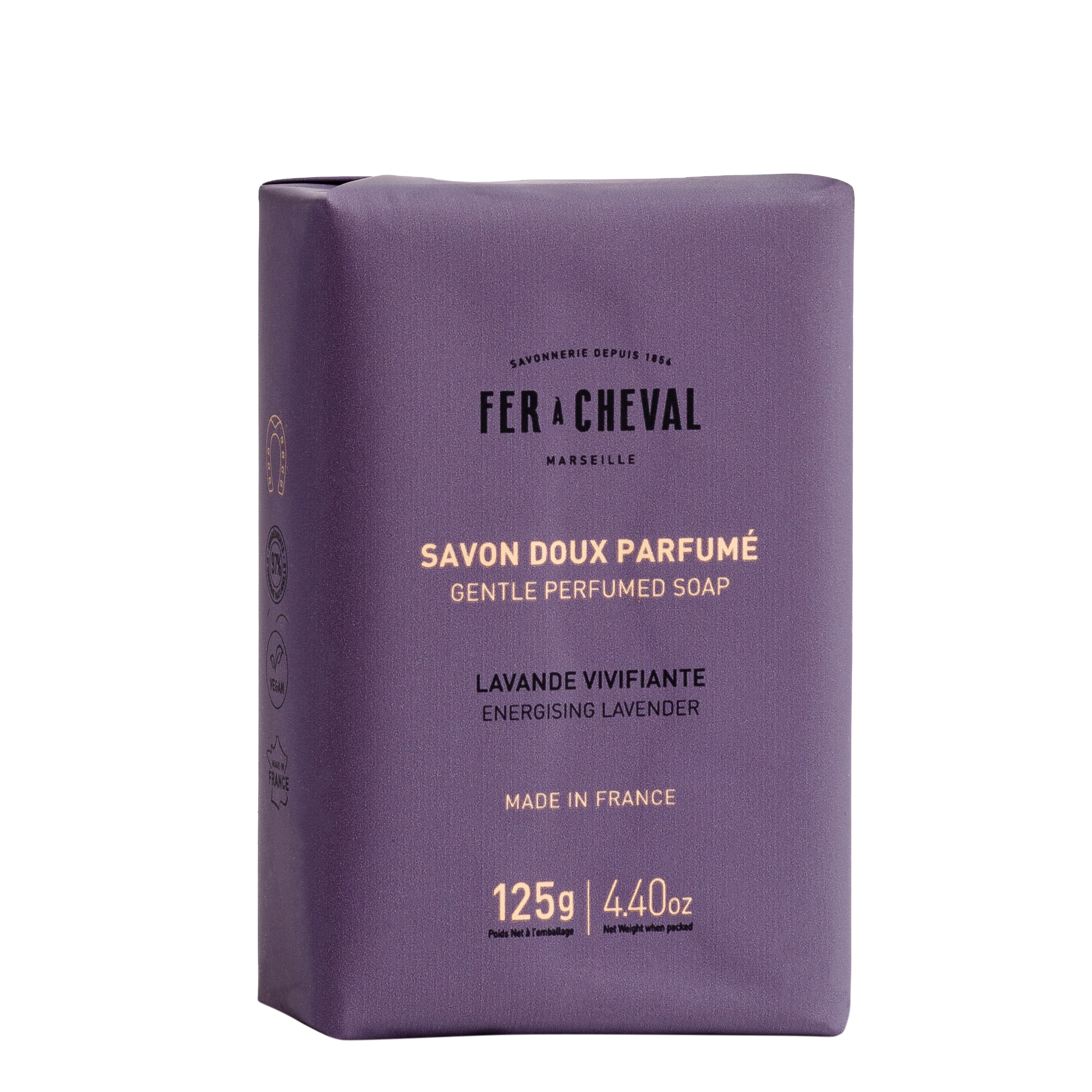 Purple soap bar with 'Fer a Cheval' branding on a white background