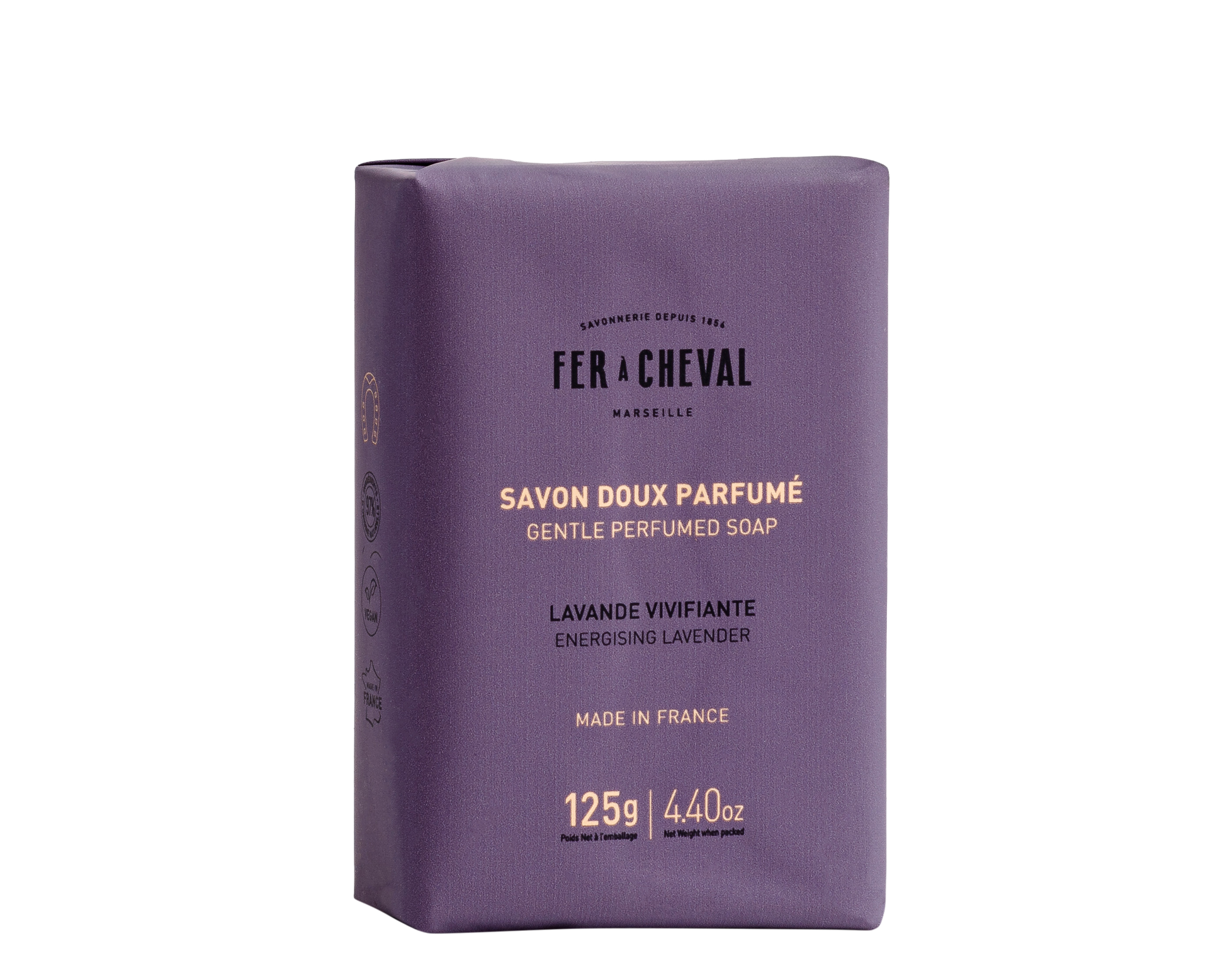 Purple soap bar with 'Fer a Cheval' branding on a white background
