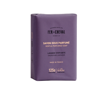 Purple soap bar with 'Fer a Cheval' branding on a white background