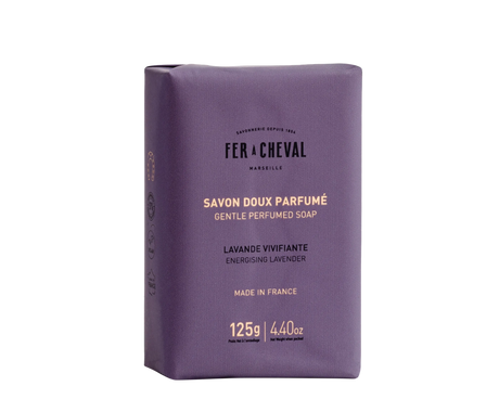 Purple soap bar with 'Fer a Cheval' branding on a white background