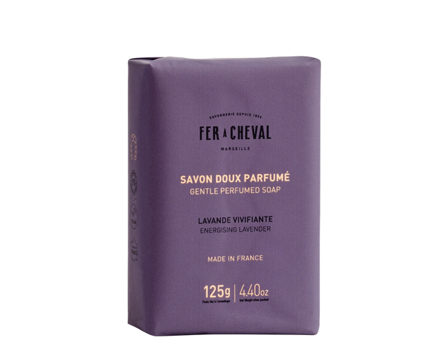 Purple soap bar with 'Fer a Cheval' branding on a white background