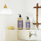 Bathroom setting with two bottles of soap on a shelf, a faucet, and a towel.