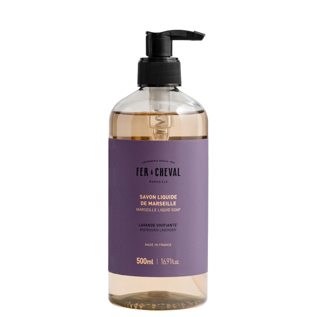 Bottle of Fé ç Cheval liquid soap with a pump on a white background