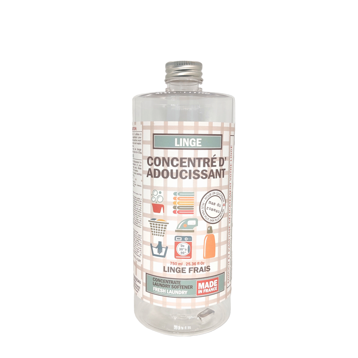 Bottle of laundry softener with a checkered label on a white background