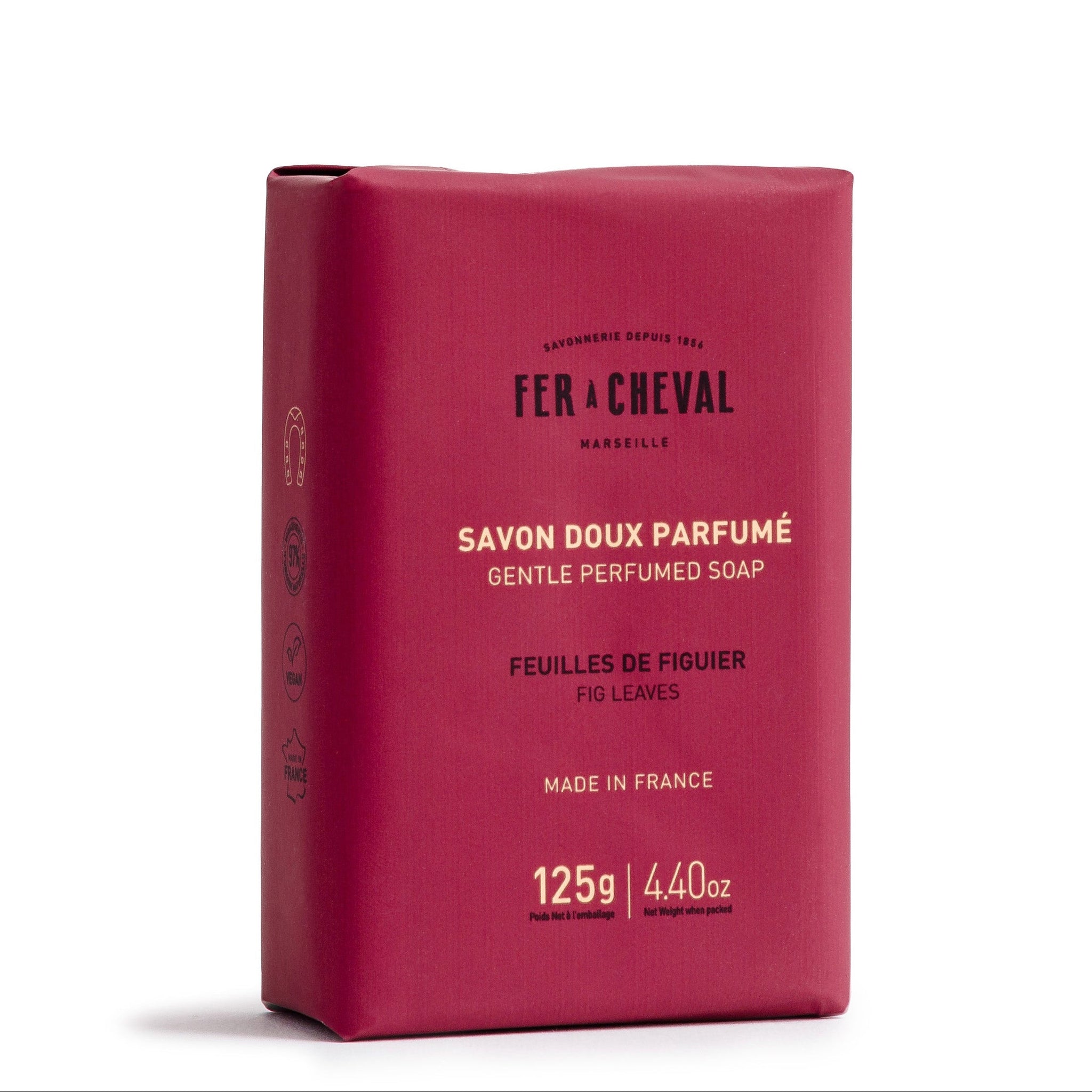 Red soap bar with branding on a white background