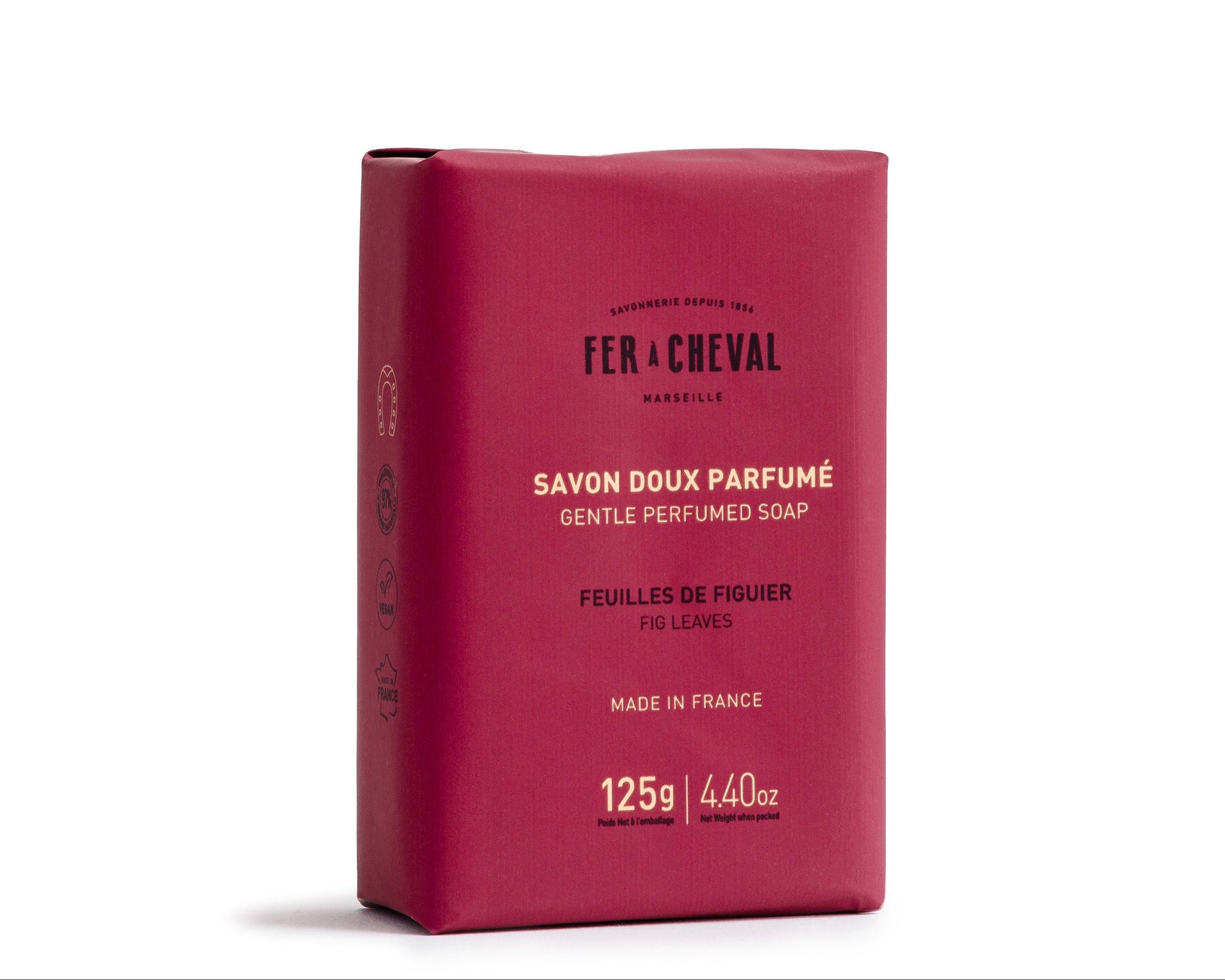 Red soap bar with branding on a white background