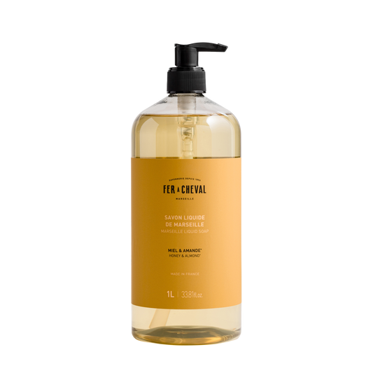 Bottle of Fér ç Cheval Marseille Liquid Soap on a white background