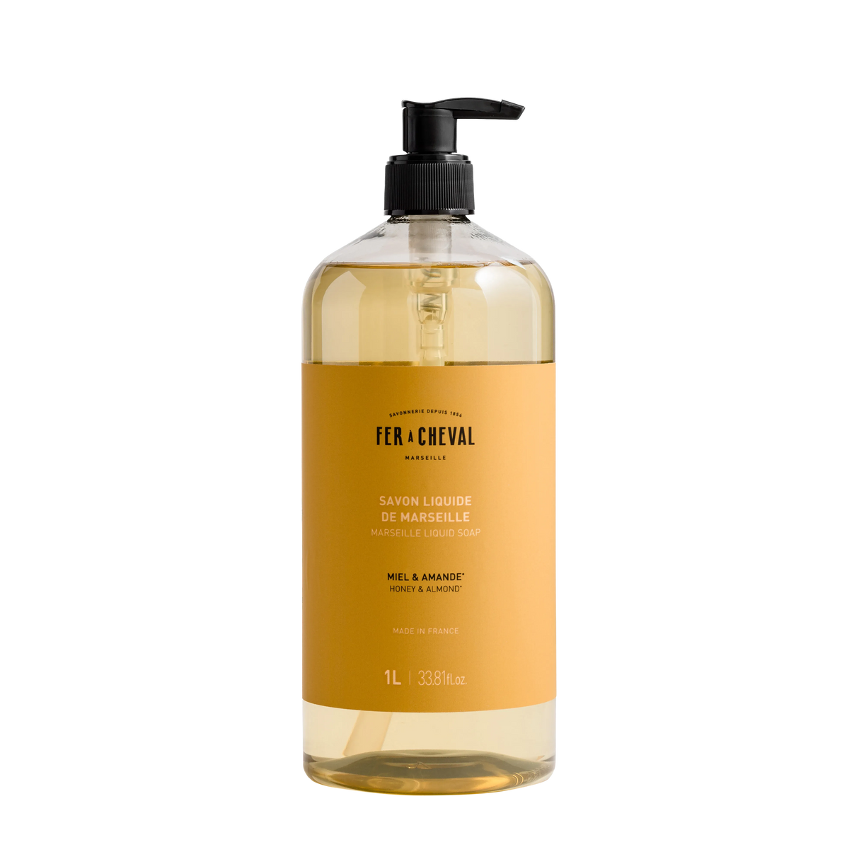 Bottle of Fér ç Cheval Marseille Liquid Soap on a white background
