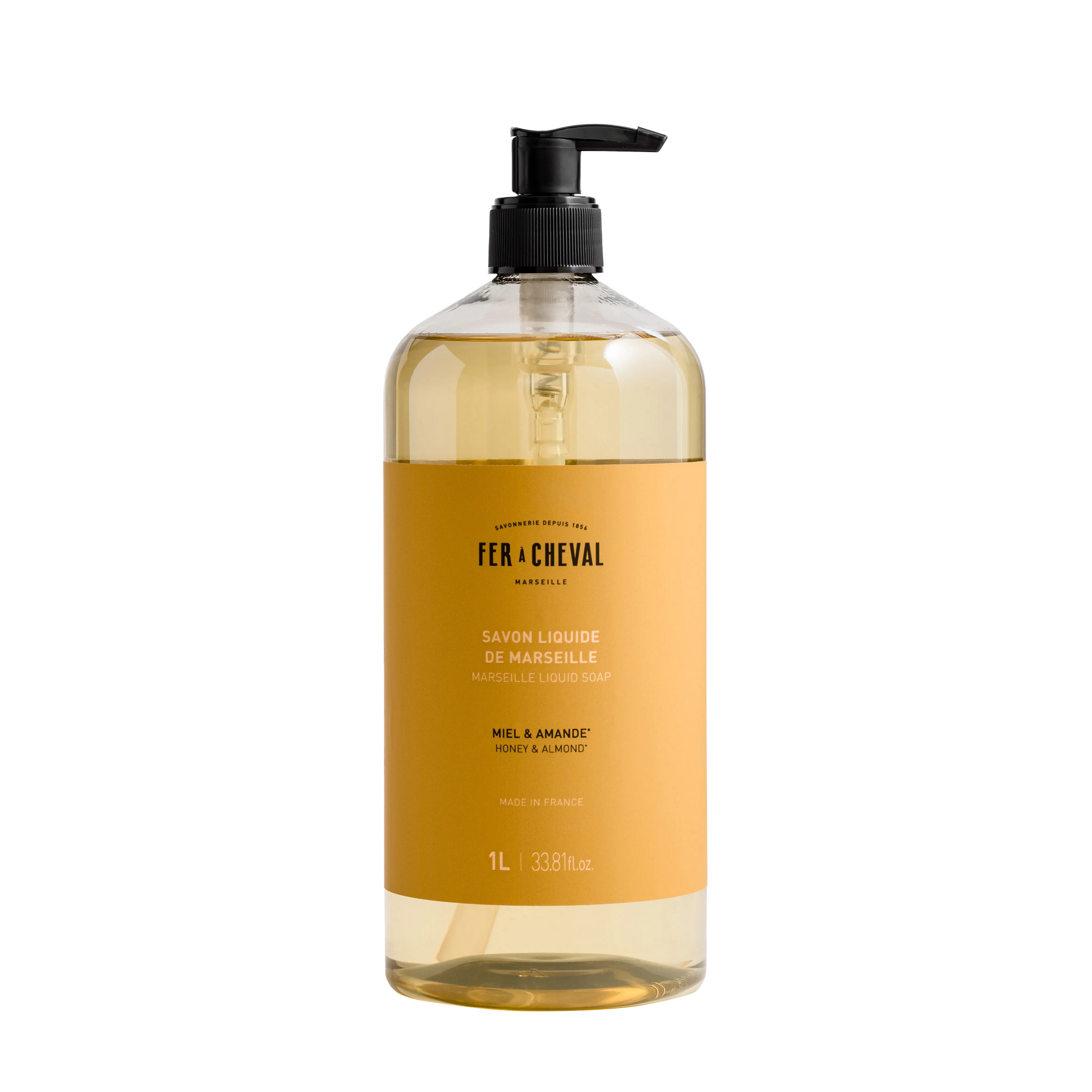 Bottle of Fér ç Cheval Marseille Liquid Soap on a white background