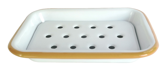 2 Part Mustard Yellow and White Enamel Soap Dish