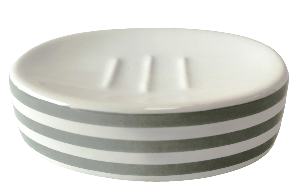 Grey and White Striped Ceramic Soap Dish