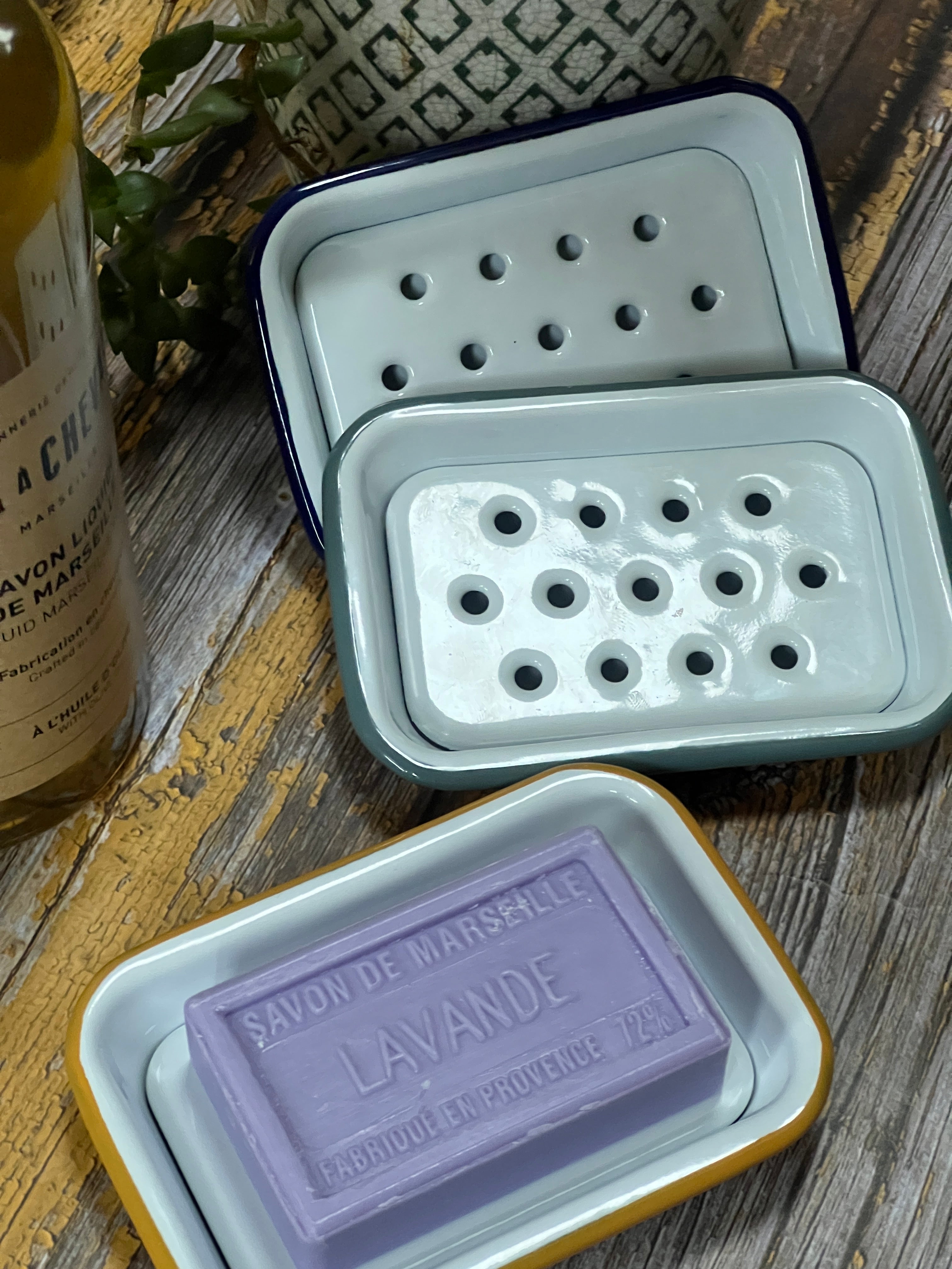 2 Part Mustard Yellow and White Enamel Soap Dish - 0