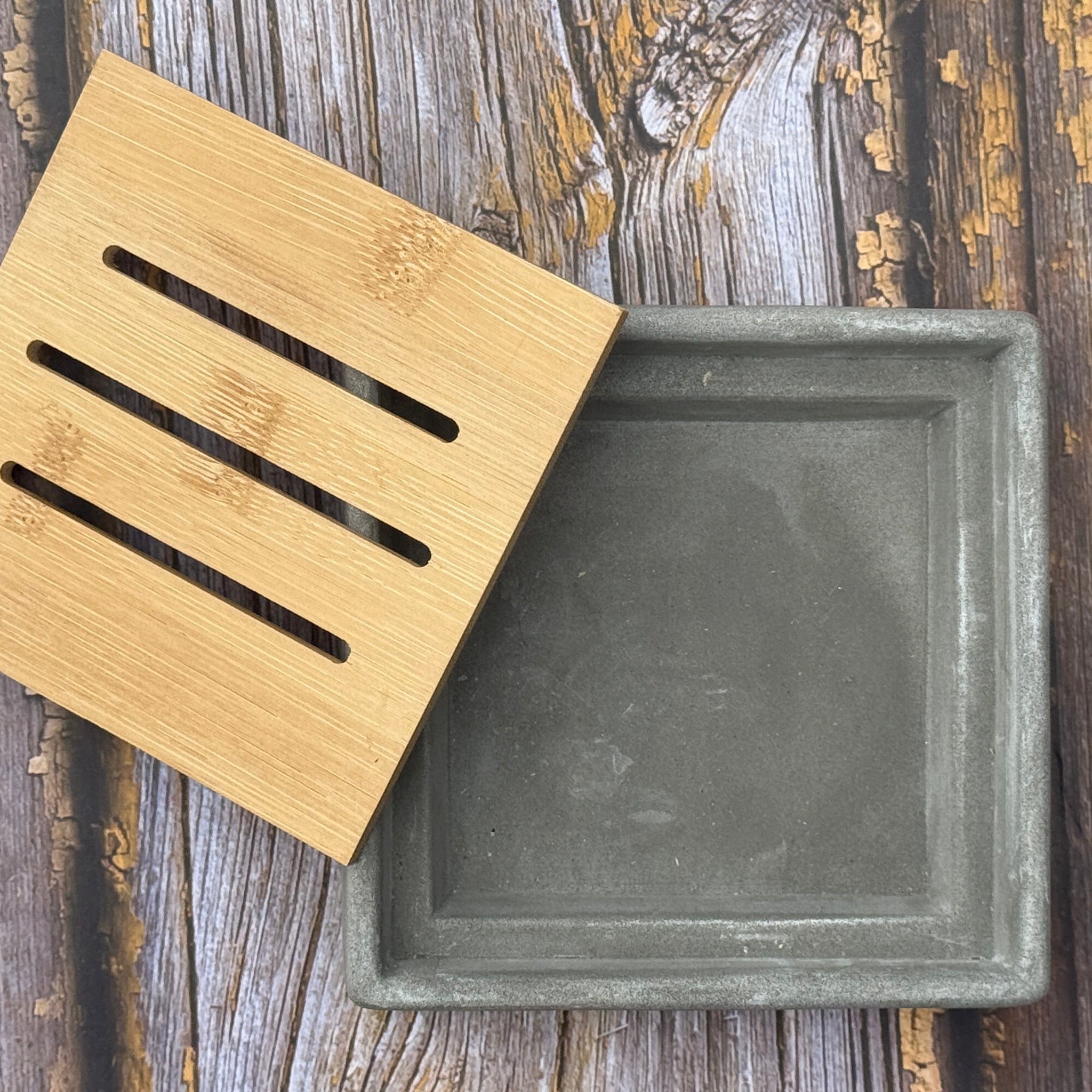 Square 2 part Cement Soap Dish with Bamboo