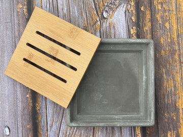 Square 2 part Cement Soap Dish with Bamboo