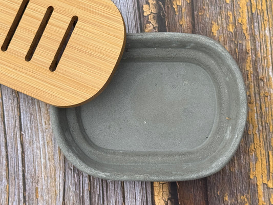 Oval 2 part Cement Soap Dish with Bamboo