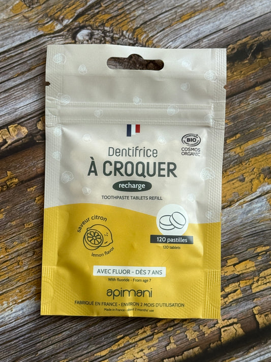 Organic Toothpaste Tablets with Flouride | Lemon | 120 Refill Pouch