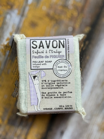 Fig Leaf Bar of Savon soap with a label on a natural background