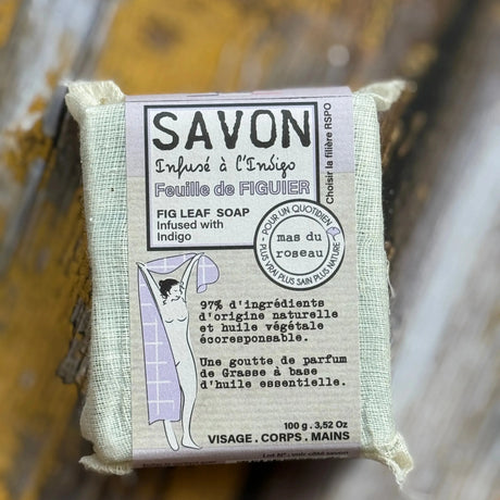 Fig Leaf Bar of Savon soap with a label on a natural background